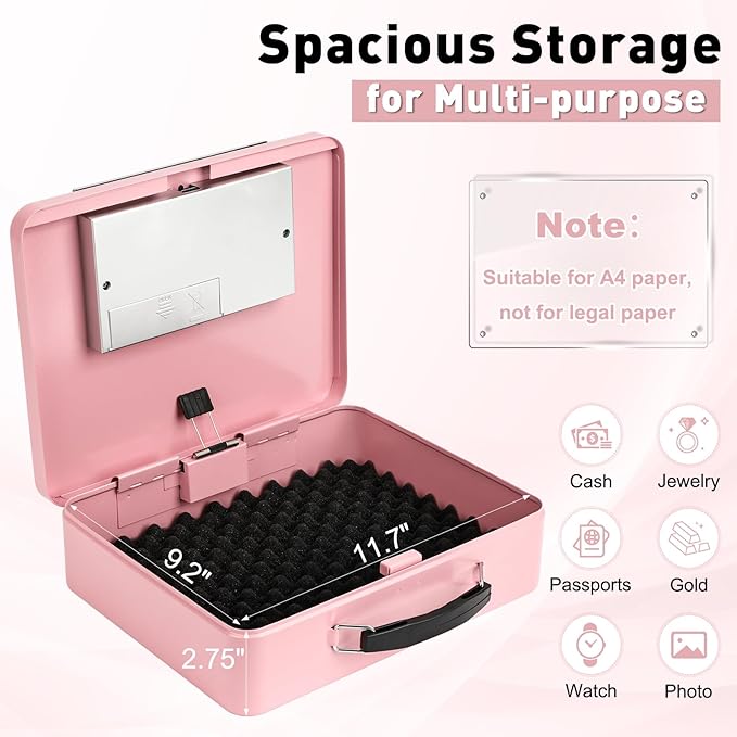 KYODOLED Pink Safe Box with Digital Keypad Lock, Lock Box with Code for Personal Items, Metal Security Box for Cash, Passport, Jewelry, Ideal for Home, Office, Garage Sale, 11.8'' x 9.4'' x 3.5'' - Image 3