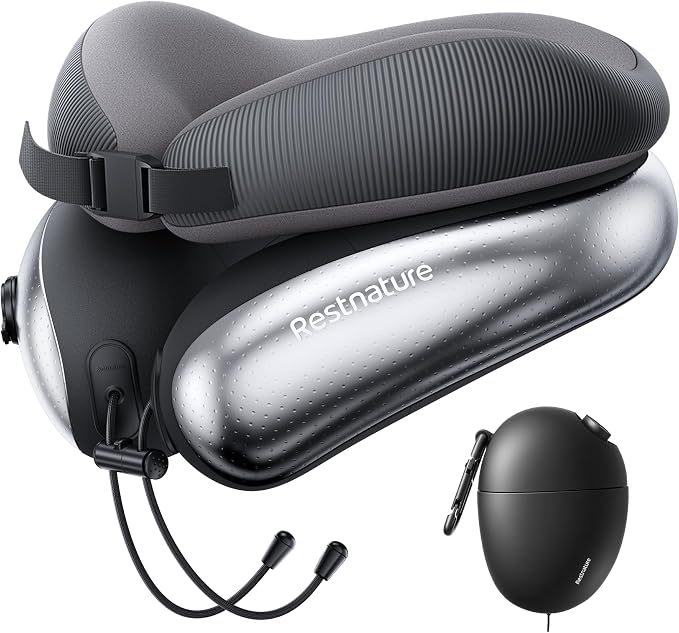 Neck Pillow for Traveling, Travel Pillows for Airplanes, Adjustable Neck Pillow Airplane Travel Essentials - 2 Layer Patented | Inflatable Air Loop & Memory Foam for 360° Ergonomic Support by Restnature