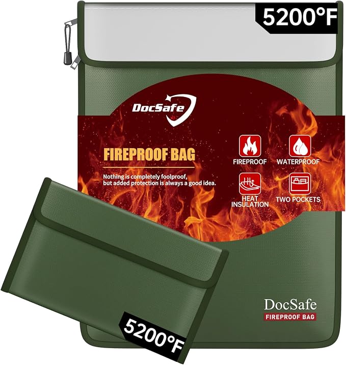 DocSafe Fireproof Document Bag (5200℉) with Fireproof Organizer Travel Case,Heat Insulated Fire＆Water Resistant 8 Layers Safe Money Bag Storage for Important Documents,Cash,Power Bank,Valuables,Green by DocSafe