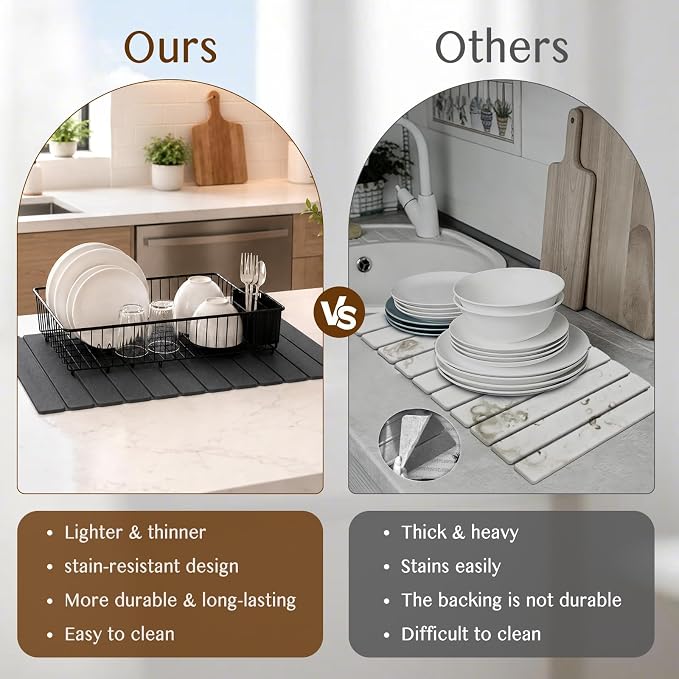 Extra Large Stone Dish Drying Mat for Kitchen Counter, Thin & Light Quick Dry Stone Dishes Mat, Foldable Water Absorbing Diatomite Drying Pad for Kitchen Bathroom Sink Countertop (Pure Gray 32"x16") - Image 8