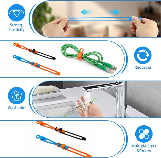 Silicone Cable Ties Reusable, 6 Colors, High Elastic Cord Organizer Ties | 4.2In Cable Management Ties for Bundling and Fastening Various cables, Travel Essentials for Cable Organizer - Image 3