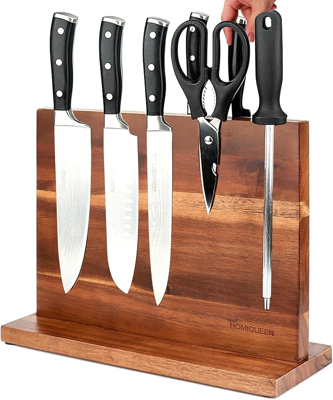 Magnetic Knife Block Double Sided Magnetic Knife Holder Rack with Strong Enhanced Magnets Acacia Wood Magnetic Knife Storage Stand by HOMIQUEEN