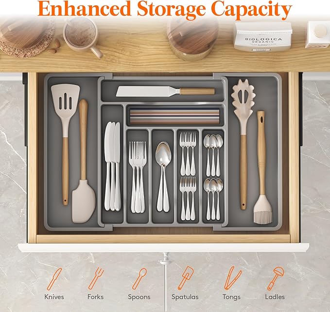 Lifewit Expandable Silverware Drawer Organizer, Kitchen Utensil Tray | BPA-free Plastic Flatware Cutlery Holder, Space-Saving Storage for Spoons Forks Knives, 13-22.4 x 15“, Gray - Image 2