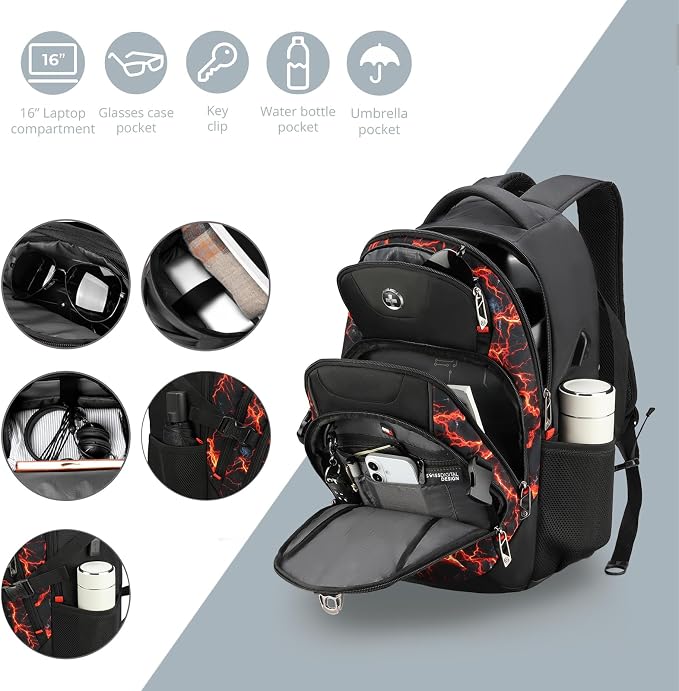Swissdigital Laptop Backpack with USB Charging Port, Travel Backpack Fits 15.6 inches Computer, 31L Backpack for Men, Flame Red | SD803-97 - Image 7