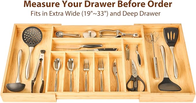 Extra Large Expandable Kitchen Siverware Utensils Drawer Organizer, 19" Deep for Big Drawer, Adjustable Bamboo Wood Drawer Divider with Curved Grooves, Cutlery Tray Flatware Holder - Image 5