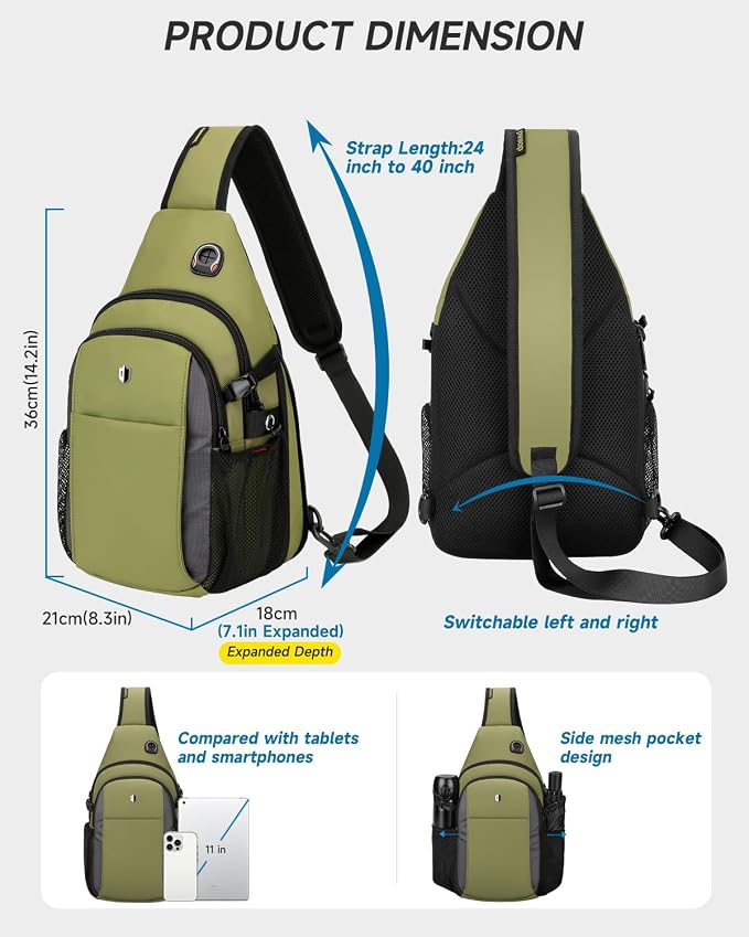 Tactical Sling Bag for Men, Expandable Army Green Chest Pack with Water Bottle Pocket & Earphone Port, Crossbody Backpack for Hiking, Travel & Outdoor, Fits Switch 2, 11 inch iPad | Mens Crossbody Bag - Image 4