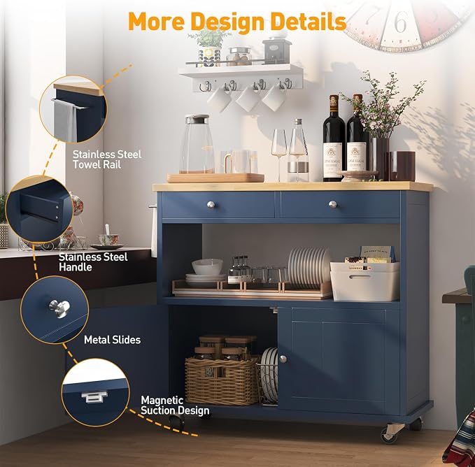 knoworld Rolling Kitchen Island with Storage Cabinet, 35.4'' Width Kitchen Cart, 2 Drawers Island Table, Portable Mobile Kitchen Island with Towel Rack, Wood Top and Lockable Wheels, Blue - Image 7