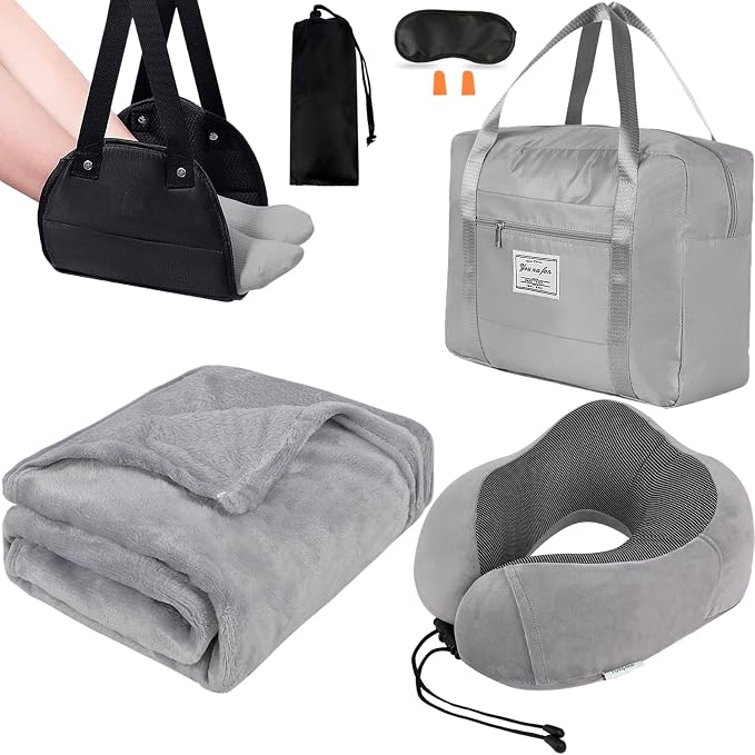 Travel Pillow and Blanket Set - Foot Hammock Rest Airplane Essentials, Grey | Memory Foam Neck Pillow Plane Foot Rest Airplane Accessories Essentials, Foldable Duffel Bag Eye Mask Earplugs for Comfort by Nerien
