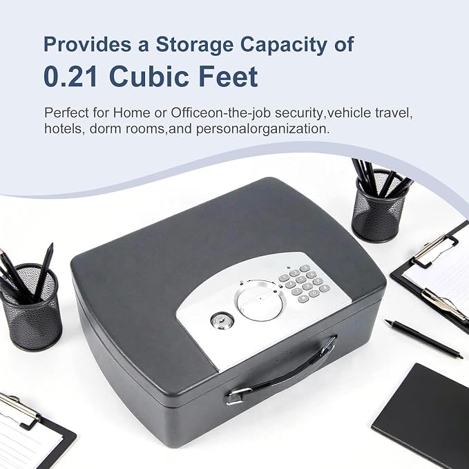 0.21 Cu Ft Portable Steel Security Safe Box with Digital Keypad | Portable Travel Safe Built With Carrying Handle, Ideal For Storing Cash, Jewelry & Documents At Home, Office And Hotel - Image 6