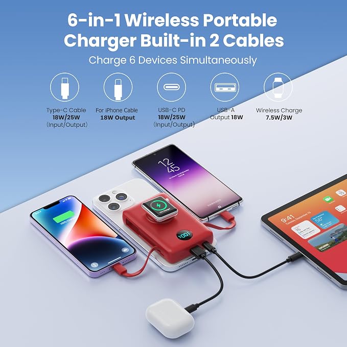 Magnetic Portable Charger 10800mAh with Built-in Cables,Wireless Power Bank for Magsafe,25W PD Fast Charging USB-C Travel Essentials Battery Pack for iPhone 17/16/15/14/13/12 Series,Apple Watch-Red - Image 7