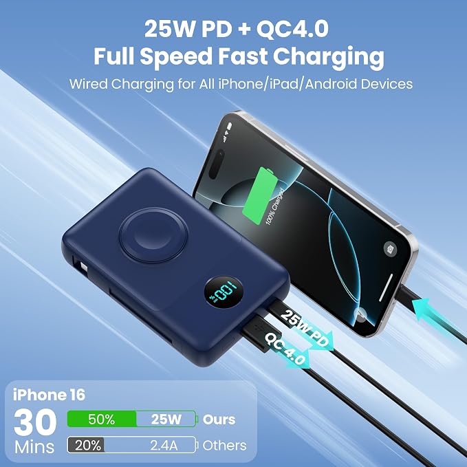 Magnetic Portable Charger 10800mAh with Built-in Cables,Wireless Power Bank for Magsafe,25W PD Fast Charging USB-C Travel Essentials Battery Pack for iPhone 17/16/15/14/13/12 Series,Apple Watch-Blue - Image 4