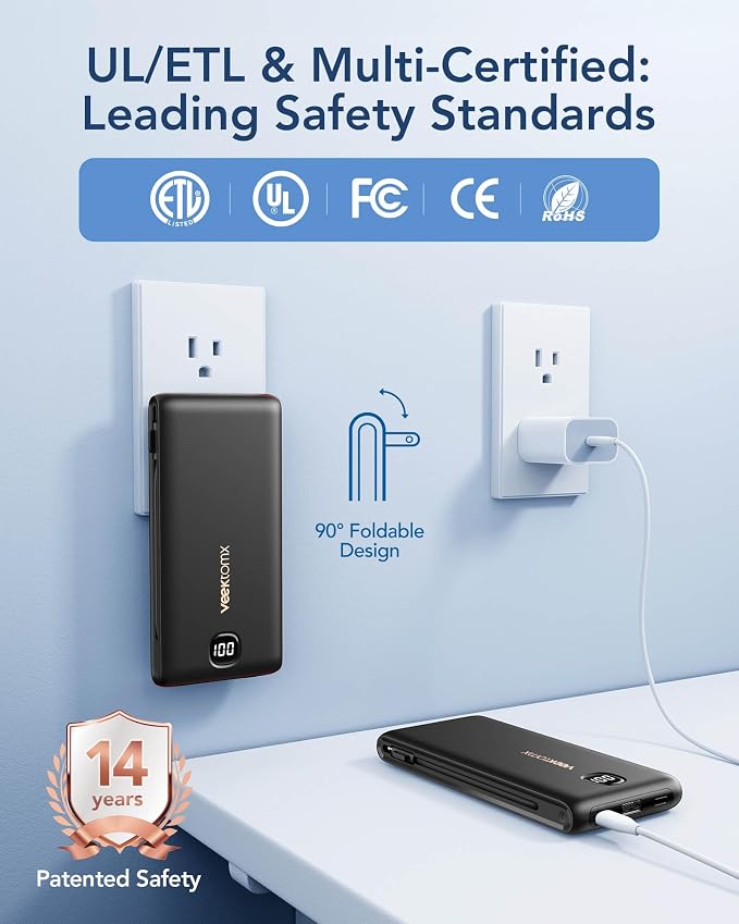 VEEKTOMX Portable Charger with Built-in Cables and AC Wall Plug, 10000mAh | Pocket-Size Travel Power Bank with USB-C and Micro-USB Cables for up to 4 Devices Including iPhone, iPad, Samsung, jet black - Image 6
