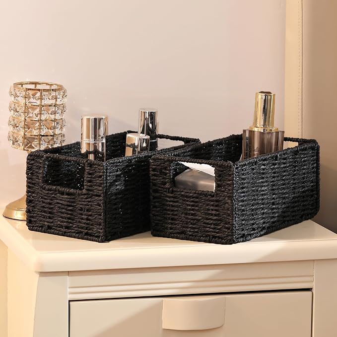 Wicker Storage Basket, Set of 2 Black Wicker Baskets for Bathroom | Hand-Woven Wicker Small Storage Baskets for Organizing Toilet Paper, Foldable Large Cube Storage Organizer Bin for Shelves - Image 6