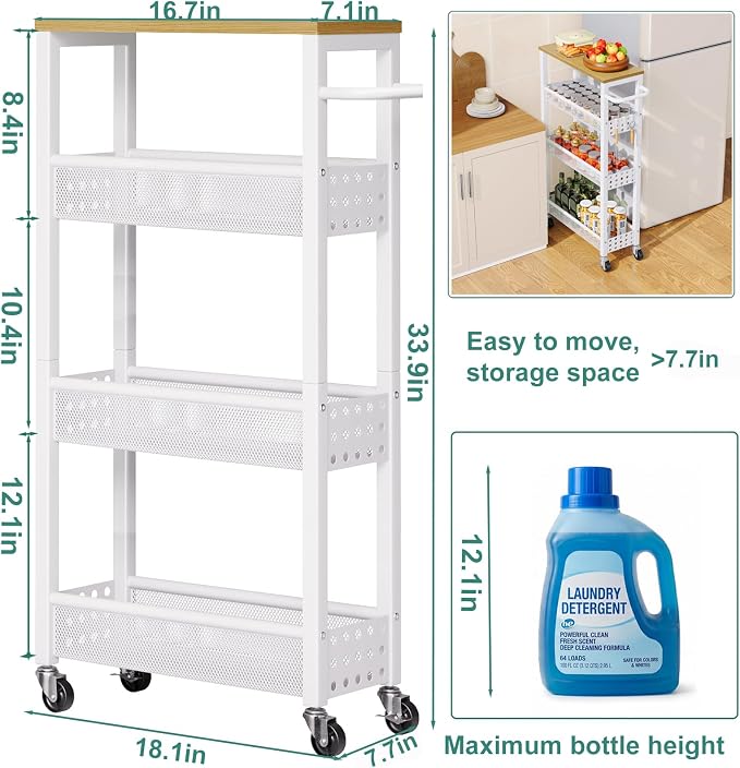 Laundry Room Slim Rolling Cart with Wheels for Between Washer and Dryer Gap | Utility Narrow Laundry Room Organization and Storage Shelves, White Skinny Shelf with Table Top,Detergent Organizer Cabinet - Image 2