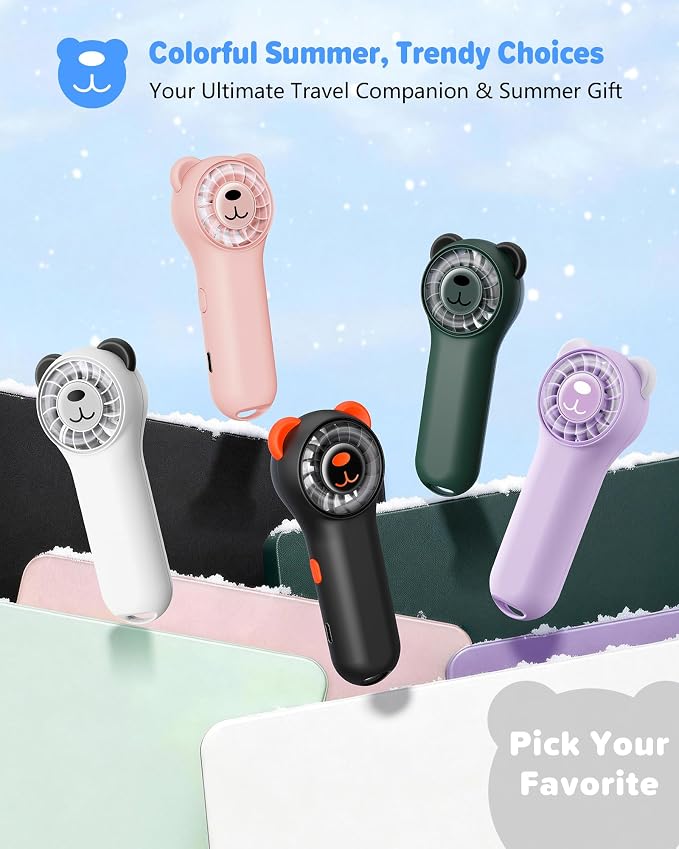 Portable Handheld Fan, Cute Bear Mini Fan with 11000 RPM High Speed, Rechargeable Personal Fan with 4 Speeds, Pocket Small Fan for Travel, Makeup, Lash, Gifts for Women Girl - 2 Pack - Image 8
