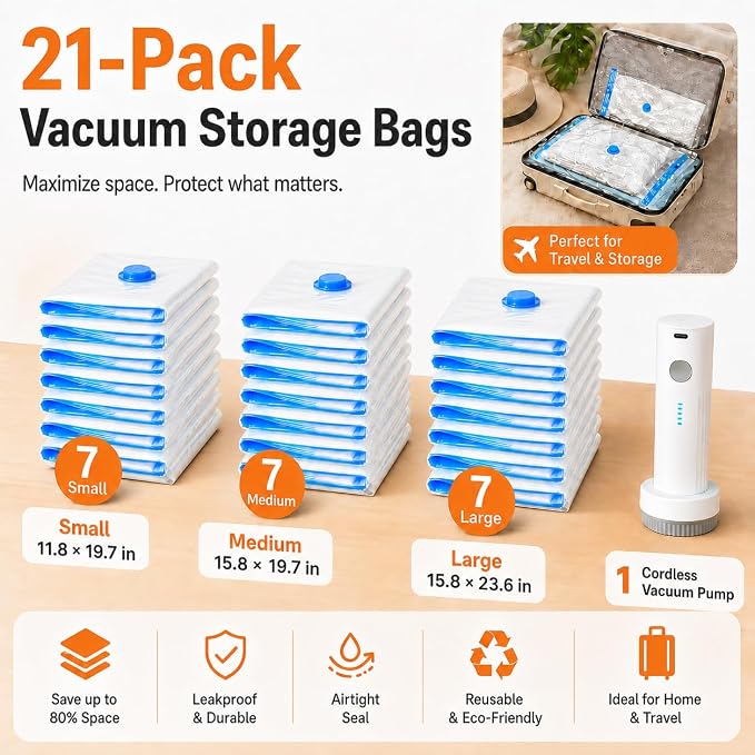 21 Pack Vacuum Bags for Travel with Rechargeable Pump, Save Luggage Space | Transparent Bag Design for Easy Clothing Organization, 1500mAh USB-C Wireless Pump, Ideal for Suitcases, Backpacks, Wardrobes - Image 2