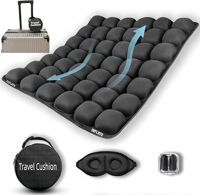 2PCS Soundur Travel Cushion Airplane Seat,Inflatable Air Bubble Design with Storage Bag for Car/Office/Kitchen Chairs.42 Air Cells, Adjustable Firmness, Non-Slip Bottom (2) by Unknown