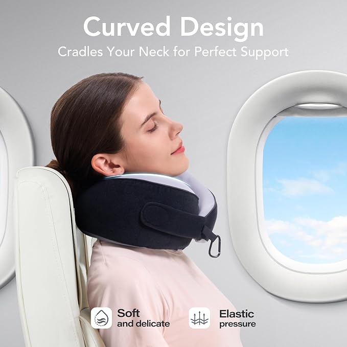 Travel Neck Pillow Airplane Neck Support Ergonomic Design for Traveling | 100% Pure Memory Foam Suitable for Airplanes,Offices and Cars, Cool Black, Standard, C-Shape - Image 4