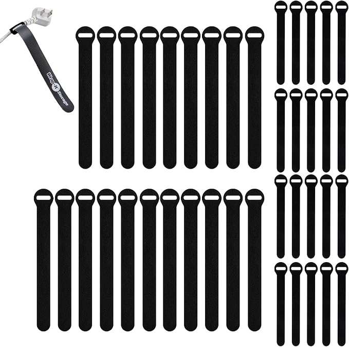 Self-Gripping Cable Ties by Wrap-It Storage - Assorted 40-Pack Black | Reusable Hook and Loop Cord Organizer Cable Ties for Cord Management and Desk or Office Organization by Wrap-ItStorage