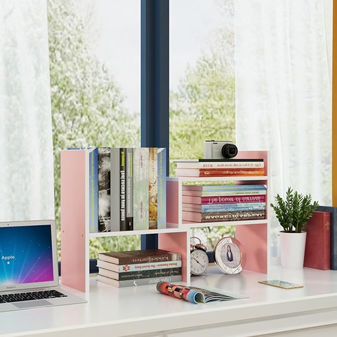 Desktop Shelf Organizer, Adjustable Wood Office Storage Rack, Counter Display Small Bookshelf for Home/Office/School(Pink) - Image 6