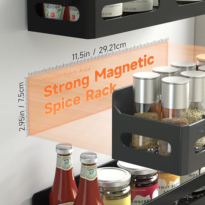 4-Pack Magnetic Spice Rack for Refrigerator with Hooks, Black | Strong multipurpose magnetic shelf for kitchen & bathroom organization. Includes 4 removable hooks for hanging items. - Image 2