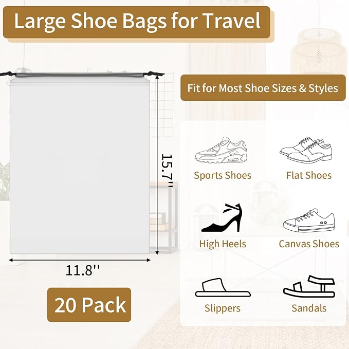 20 Pack Shoe Bags for Travel, Clear Travel Shoe Bags for Packing Waterproof | 15.7" x 11.8" Large Portable Drawstring Travel Shoe Storage Bag Travel Essentials Women for and Men - Image 2