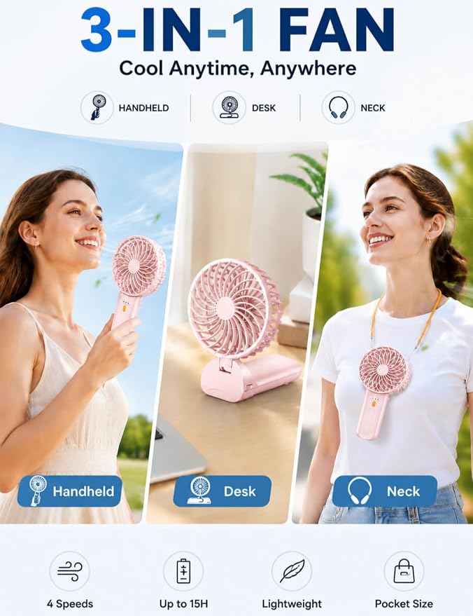 Portable Mini Fan, Quiet Foldable Fan with Lanyard (Pink) | 4 Speeds, 15H Rechargeable Battery, Portable Pan for Travel, Home, Office, Outdoor, Makeup, Women, Men, Pink - Image 3