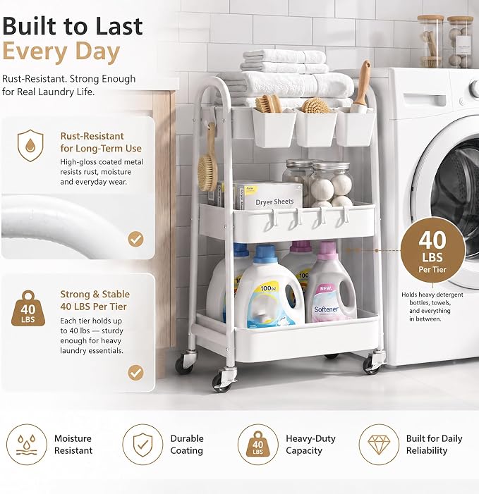 Heavy Duty 3 Tier Rolling Cart Metal with Wheels, White Three Tiered Shelf | Utility Roller Storage Carts Organizer on Wheels for Art, Craft,Baby Nursery, Diaper Caddy,Postpartum,Bedside,Cleaning Supply - Image 7