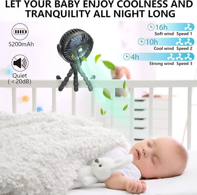 snawowo Mini Portable Baby stroller Fan,Mini Handheld Portable Fan Black | Battery Operated 360° Rotate Flexible Tripod Rechargeable Clip On for Car Seat Crib Bike Treadmill Travel Camping - Image 4