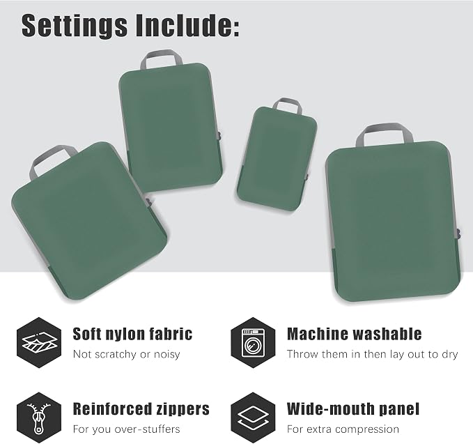 4 Set Compression Packing Cubes Travel - Travel Accessories Expandable Packing Organizers for Carry On - Essentials Luggage Bags - Green - Image 3