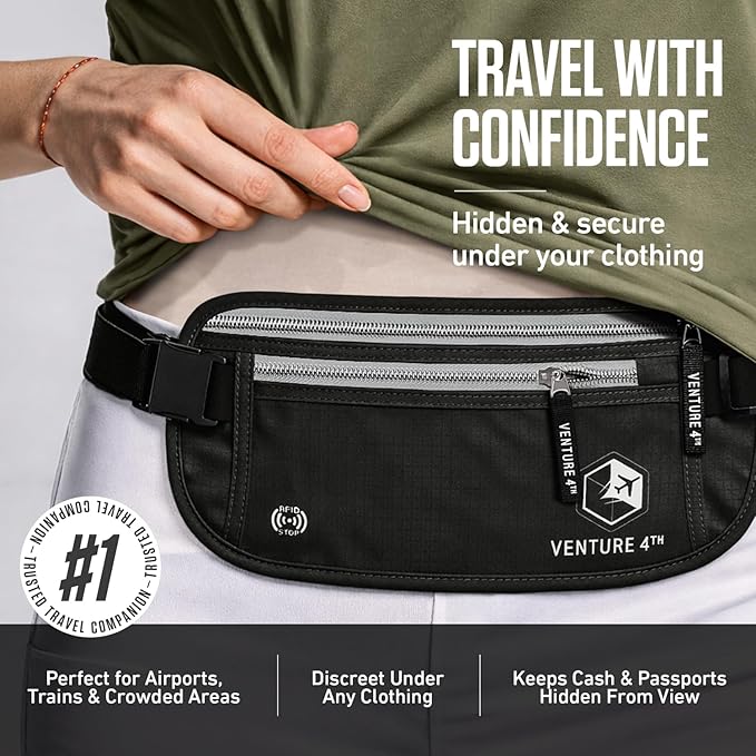 VENTURE 4TH Travel Money Belt, RFID Blocking Passport Holder - Black - Image 4