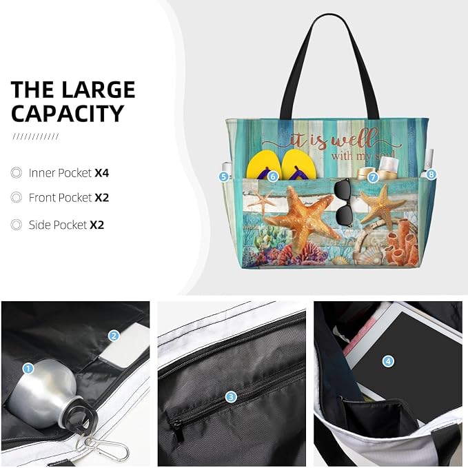 Beach Bag Tote Bags Waterproof Sandproof for Women Large Beach Tote Pool Bag Foldable with Zipper for Travel Weekend - Image 5