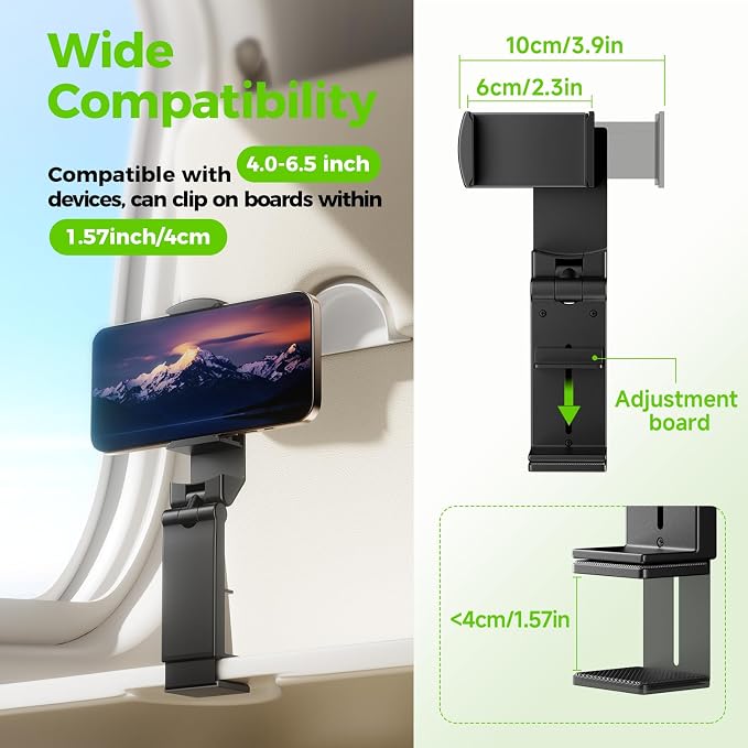 Foldable Airplane Phone Holder, 360° Rotation Black 1 Pc for Travel Use | Mini Folded Size Saves Storage Space. Anti-Slip Stable Clamping. Mountable On Tray Tables, Luggage Rods And Flat Surfaces. - Image 2