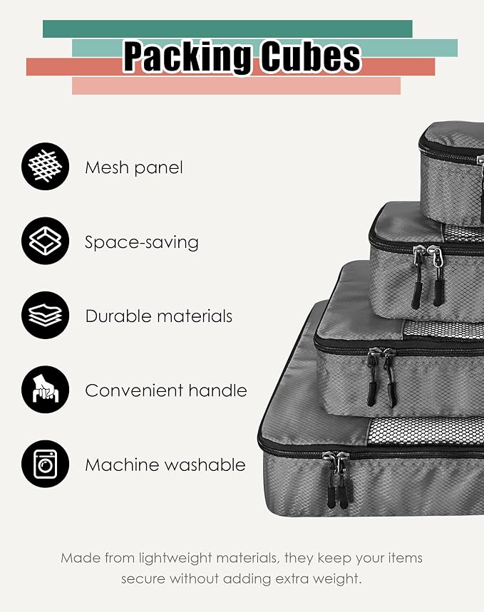 WTREE 4-Piece Packing Cubes Travel Accessories Set for Suitcases - Luggage Organizer Bags with Double Zipper - Mesh Top - Small/Medium/Large/Slim - Dark Grey - Image 2