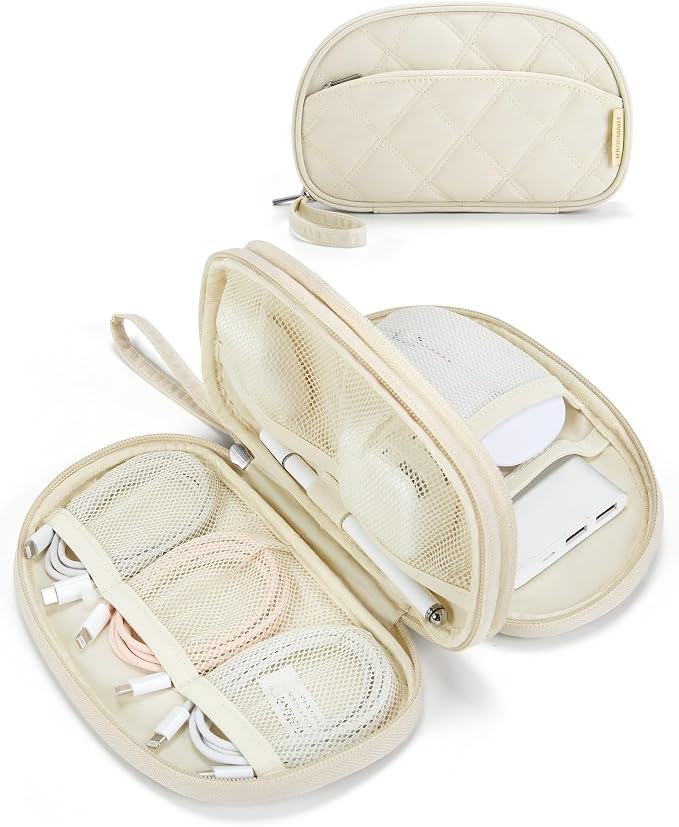 BAGSMART Travel Cord Organizer Electronics Case, Double Layers Puffer Cable Organizer Bag Travel Essentials for Women, Tech Organizer Case for Charger, Phone, Flash Drive - Beige by BAGSMART