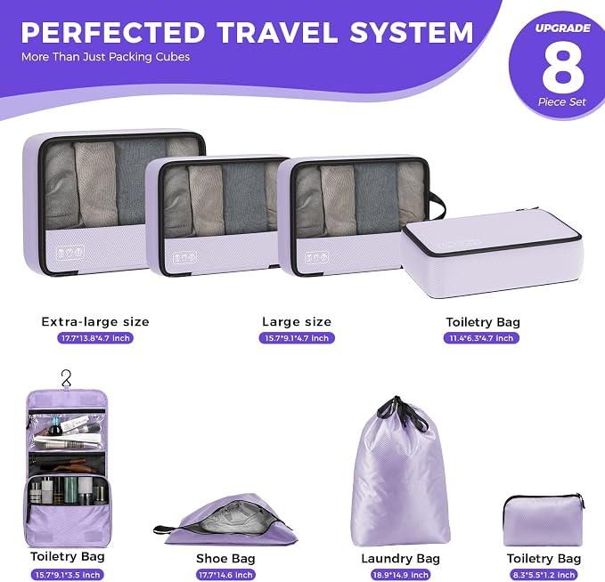 Compression Packing Cubes for Travel, 8-Piece Carry-On Suitcase Organizer | Elegant Ultralight Luggage Organizer Set for Women, Space Saving for Carry-On, Suitcase & Vacation Cruise Travel - Purple - Image 5