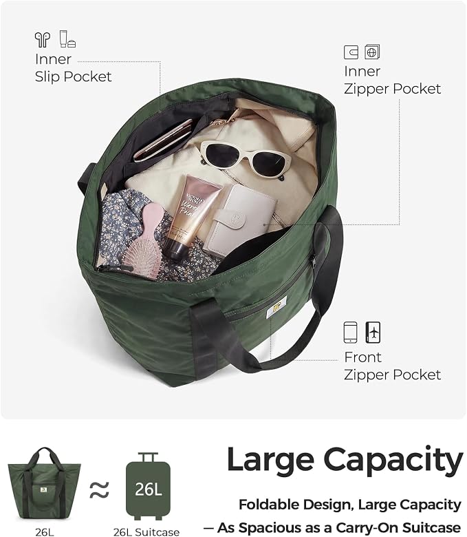 Foldable Travel Bag, 26L Duffle Bag for Travel, Expandable Second Carry-On Bag for Travel & Shopping, Water-Resistant Personal Item Bag, Dark Olive - Image 4