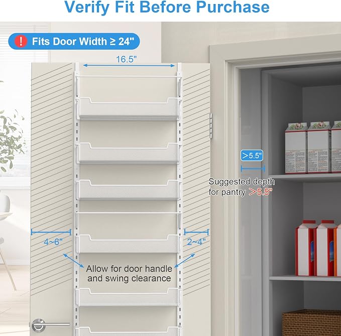 VyGrow Over the Door Pantry Organizer, 8-Tier Over the Door Organizer with Adjustable Basket, Pantry Door Organization for Pantry Kitchen Storage Room Spice Rack, White - Image 4