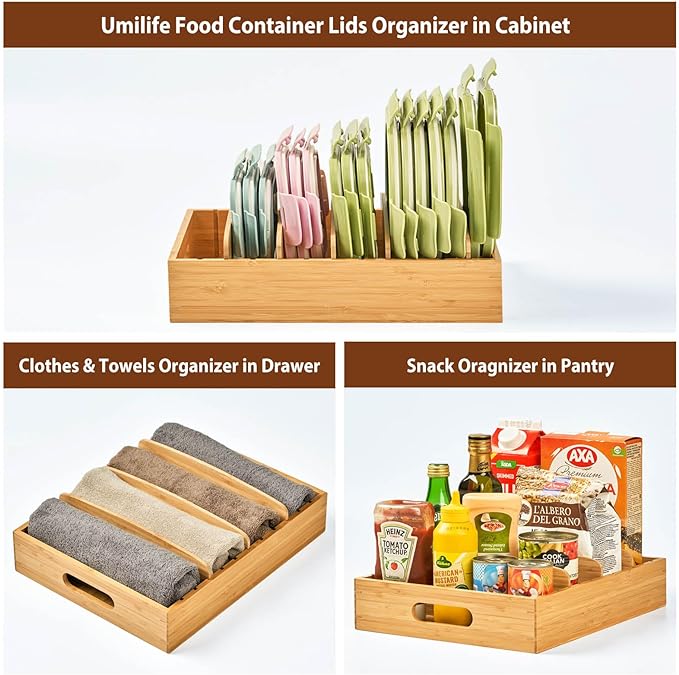 Large Bamboo Food Container Lid Organizer for Kitchen Cabinet (Pack of 3) - Image 6