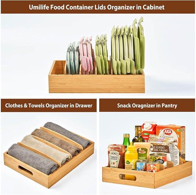 Large Bamboo Food Container Lid Organizer for Kitchen Cabinet | Adjustable slots - Premium bamboo, pretty color - Sturdy versatile caddy for snack, spice in drawer - Anti-Skid Silicone Pads - Image 6