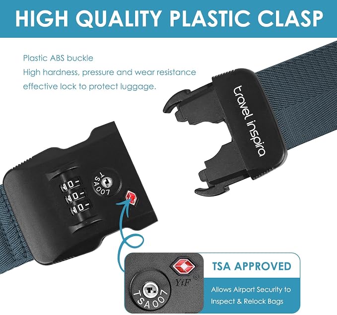 Travel Inspira Heavy Duty Luggage Straps with TSA Lock Navy Blue | Anti-Burst Protection; TSA-Lock Belt with Tag; Adjustable 103-200cm; 20-28 Inch Bags; Anti-Burst Protection for Buiness - Image 6