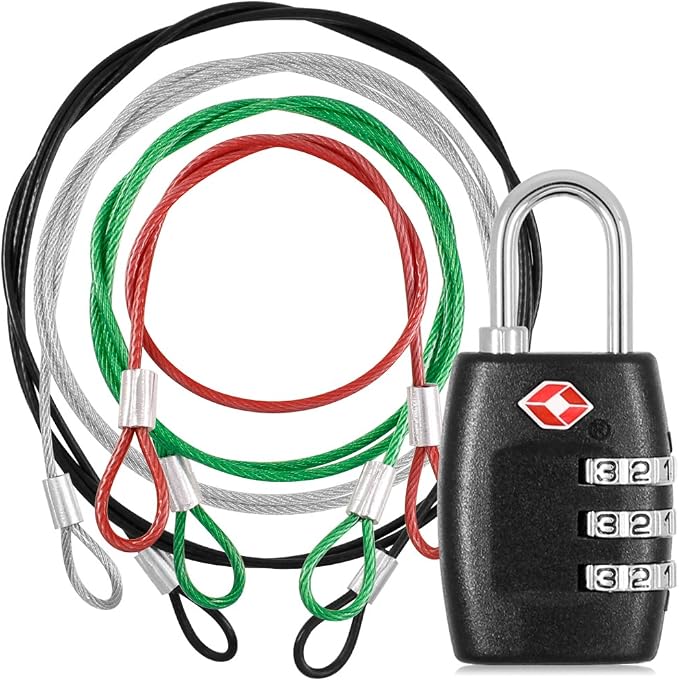 DanziX TSA Approved Lock and 4 Colors Stainless Steel Safety Tether，3-Dial Combination Travel Luggage Lock with Lanyard Security Cable for Protect Your Different Sizes of Bags,Suitcase,Baggage Black by WelcometotheDanziX