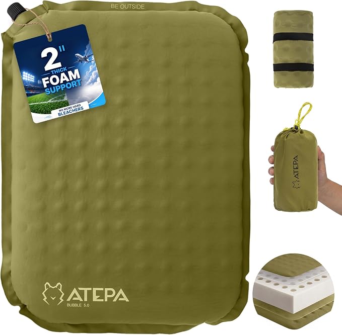 ATEPA Inflatable Seat Cushion | 2" & 2.5" Foam Core Seat Pad, Self Inflating, Compact, Stadium, Airplane, Travel, Camping, Hiking, Sports events by ATEPA