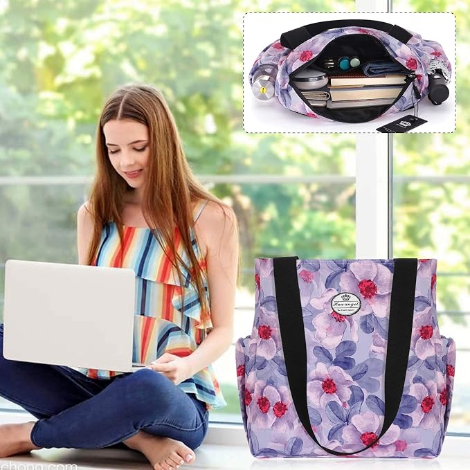 HUA ANGEL Floral Tote Bag - Casual Shoulder Bag Daily Tote Bag with Zipper Gym Travel Shopping Work Handbag for Women - Image 2