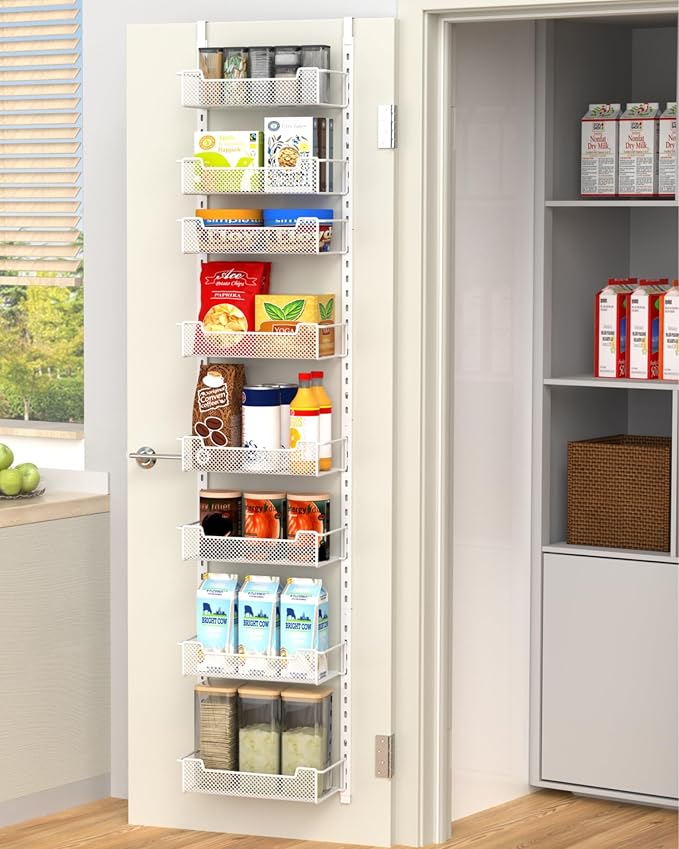 VyGrow 12.3" W Narrow Over the Door Pantry Organizer, 8-Tier Over the Door Organizer with Adjustable Basket, Pantry Door Organization for Pantry Kitchen Storage Room Spice Rack, White by VyGrow