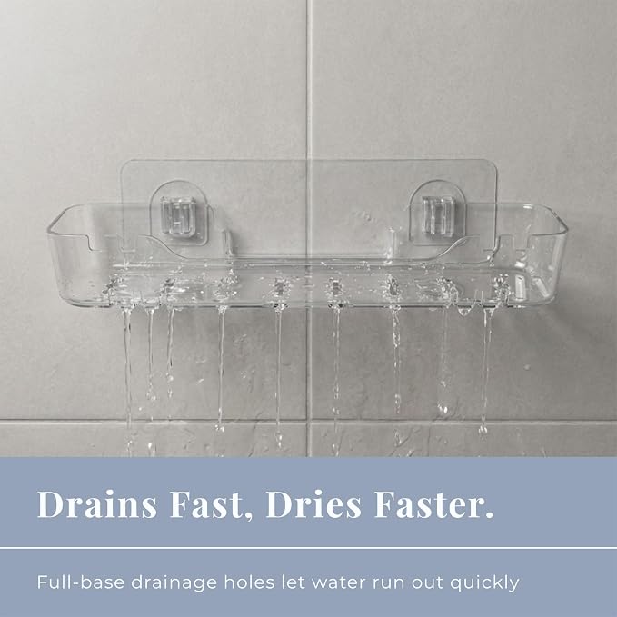 Acrylic Shower Shelf, Clear, 12.2" x 3.54" x 1.77" | Adhesive, No-Drill, Bathroom Wall Shelf, Slim Organizer, Fast Drainage for Shower & Sink Toiletries - Image 6