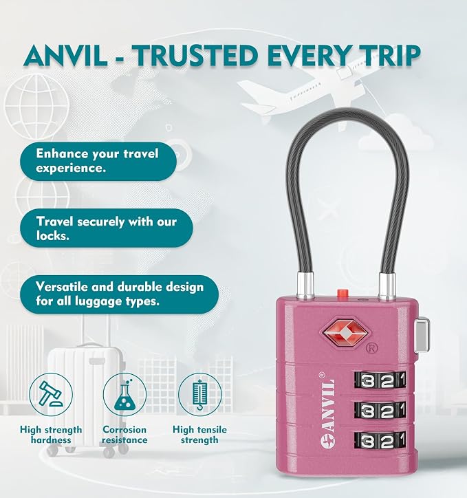 ANVIL TSA Approved Luggage Locks – High Security TSA008 Combination Travel Locks with Inspection Indicator for Suitcases and Backpacks. (2, Rose Purple) - Image 4