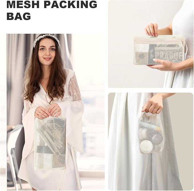 NOL 3-Pack Mesh Travel Toiletry Bags - Clear Zipper Travel Organizer, Airport Carry-On Compliant Reusable Cosmetic Makeup Bag for Women & Men (Cream) - Image 7