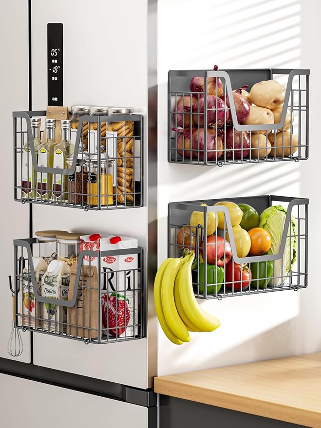 4 Pack Magnetic Shelf for Fridge, Fruit Potato and Onion Storage Bins, Magnetic Spice Rack for Kitchen Pantry Laundry Organizer, Metal Baskets Side of Fridge Organizers and Storage (Grey) by YIWANFW