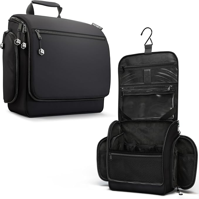 VENTURE 4TH Hanging Travel Toiletry Bag, 18 Compartments - Black | Hangs on rails, hooks or doors; stands upright. Removable TSA pouch. Water-resistant Nylon 290D Twill, reinforced stitching. by VENTURE4TH